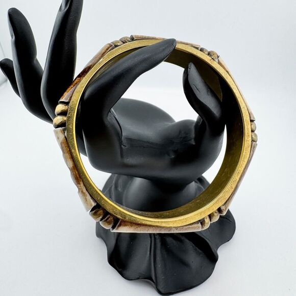 Vintage Hand-Carved Wood Brass Bangle Rustic Statement Bracelet Retro - Picture 5 of 9